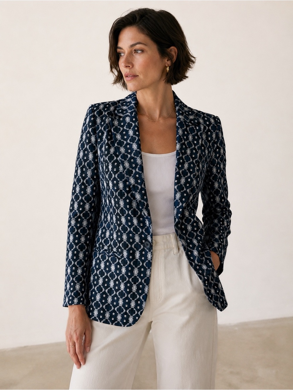 Liverpool Boyfriend Blazer Geometric Batik Button Front Jacket Blue White S NWT
